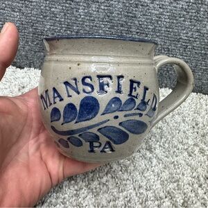 Mansfield PA blue salt glazed mug cup‎ pottery 3.5" tall country decor stoneware